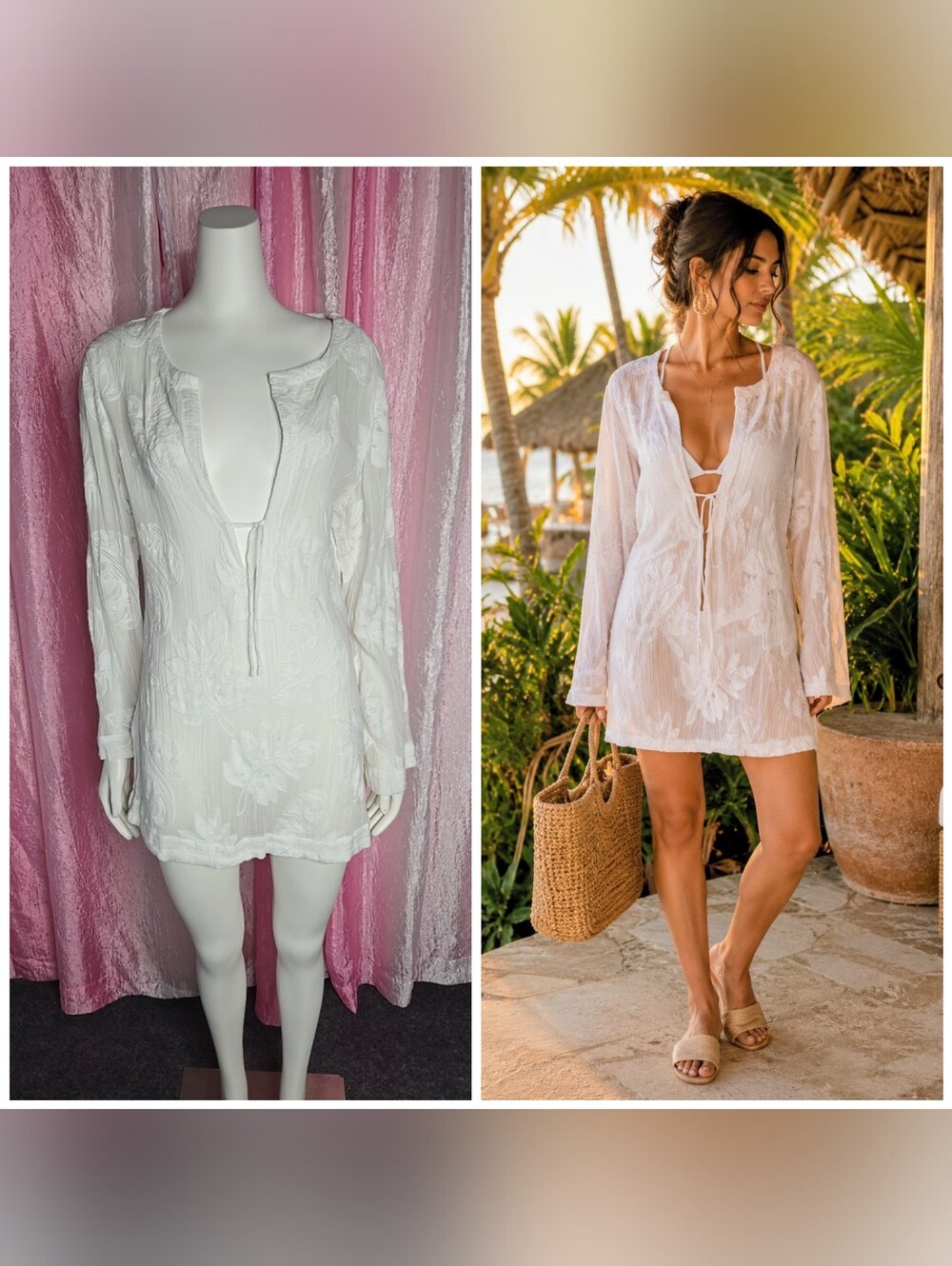 Island Clothing Company White Boho Floral Beach Cotton Cover-Up Top Size Small